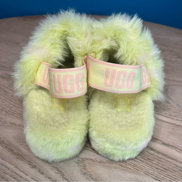 UGG Oh Yeah Spots Slide Slipper Fluffy Sandal Neon Green Pink Women’s Size 7 - Picture 3 of 9